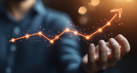 Poster - This picture shows a businessman or trader showing a growing virtual hologram stock, investing in trading.