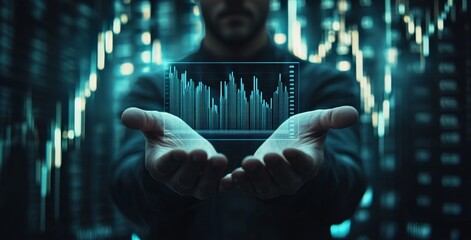 Poster - Businessman or trader is showing a growing virtual hologram stock to investors in investment planning and strategy.