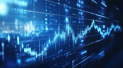 Poster - A glowing big data forex candlestick chart is shown against a blurry city backdrop. A trade, technology, investment, and analysis concept is shown.