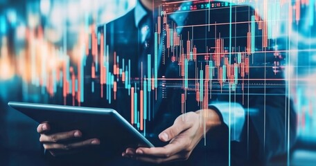 Poster - Using tablet to analyze stock market data in monitoring room with team pointing to data on the chart, financial investment concept. Businessman and team working together.