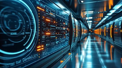 Poster - high-tech corridor with interactive displays and glowing panels in futuristic environment