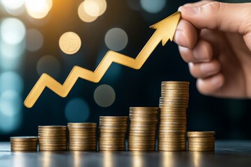 Poster - Concept for investment and finance, a businessman holds a virtual trading graph and blurred coins, business growth and profits.