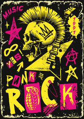 Wall Mural - Vibrant punk rock poster with a skull