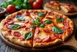 © miss irine - Delicious Italian pizza assortment. Different types of pizza presented on wooden board. Pizza slices garnished with fresh basil leaves, red cherry tomatoes. Image evokes sense of appetizing food.