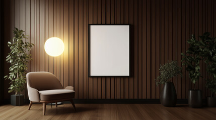 Poster - cozy interior design featuring a minimalist chair, framed artwork, and elegant lighting in a modern 