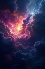 Stunning deep space nebula, galaxy cosmic image. Colorful clouds of gas, stardust create stunning cosmic scene. Stars, celestial bodies glow in dark sky. Ideal for poster backdrop wonders of
