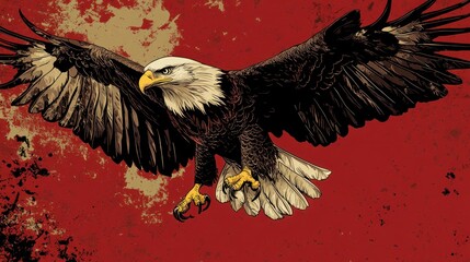 Poster - A bold illustration of an eagle in flight against a textured red background.