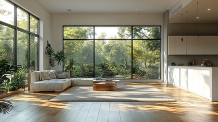 Aufkleber - A bright, modern living room with large windows overlooking a lush green landscape.