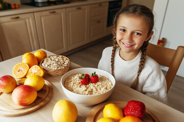 Smiling Caucasian girl ready to eat Oatmeal breakfast, surrounded by fruit, healthy eating concept