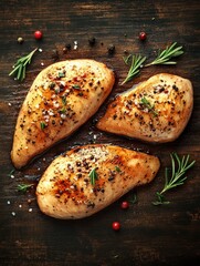 Wall Mural - Chicken breast steak, cooking, protein background, Poster design, realistic, HD, copy space 