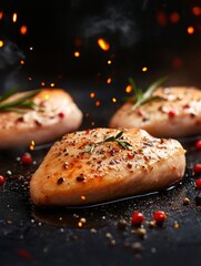 Wall Mural - chicken breast steak, cooking, protein background, poster design, realistic, hd, copy space