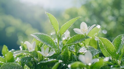 Wall Mural - Dew-kissed white flowers and green leaves in sunlight.