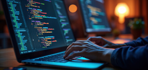 Poster - Programmer types on laptop keyboard. Coding language visible on screen. Developing software with AI assistance. Modern tech workplace. Closeup view. Person focused on pro development.