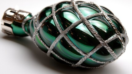 Wall Mural - Green glass Christmas ornament with silver lattice.