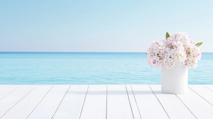 Canvas Print - White flowers in pot on beach pier.