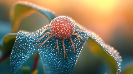 Poster - A close-up of a spider adorned with dew on a leaf, capturing nature's beauty at sunrise.