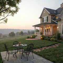 Poster - Detached American House With Garden and Patio at Sunset in Rural Setting. Generative AI