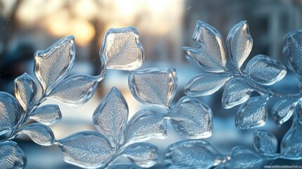 Poster - A close-up of intricate ice formations resembling leaves, illuminated by soft sunlight.