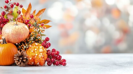 Wall Mural - Autumn harvest arrangement with apples, pumpkins, berries, and fall leaves on a light gray surface.