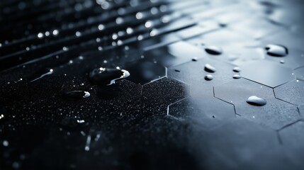 Poster - Water droplets resting on a textured surface with hexagonal patterns in a dimly lit environment