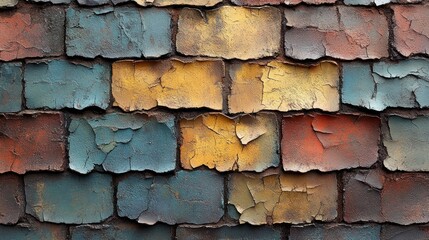 Poster - A close-up of weathered, colorful slate roofing tiles with cracks and texture variations.