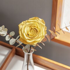 Poster - Yellow Green Rose in a Minimalist Vase on a Wooden Tabletop. Generative AI