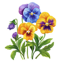 Wall Mural - A watercolor of colorful pansy flowers in a garden, isolated on a white background. Pansy vector.

