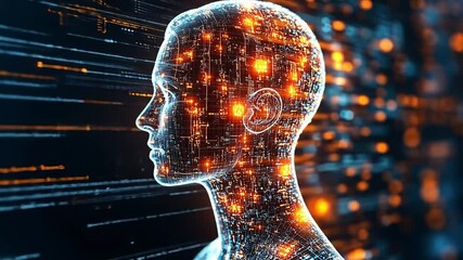 Fototapete - Futuristic holographic representation of an AI humanoid with glowing circuitry details