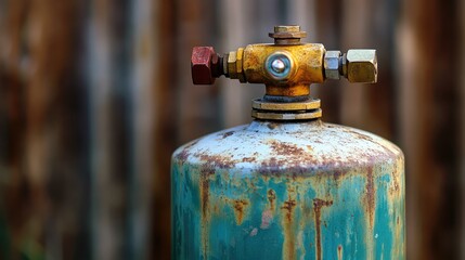Poster - Rusty Green Gas Cylinder with Valves and Background Wood Texture