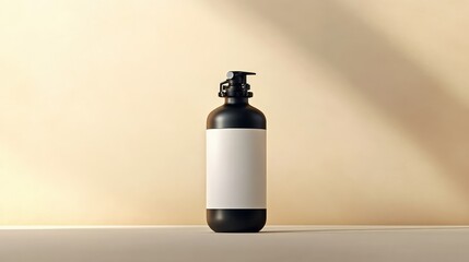 Poster - Minimalist Black Bottle with Blank Label Against Soft Beige Background