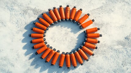 Poster - Circular Arrangement of Bright Orange Drink Bottles on Sand Surface