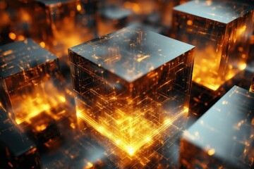 Poster - Illuminated Technology Cubes Emitting Warm Light Effects