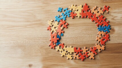 Poster - Colorful Puzzle Pieces Forming a Circle on Wooden Table Surface