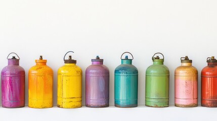 Poster - Colorful Vintage Gas Canisters in a Row Against a Neutral Background