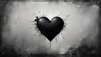 Wall Mural - A black heart with paint splatter effects stands out dramatically against a moody grayscale background.