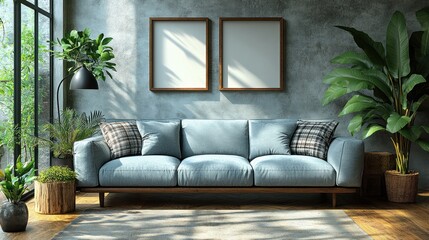Poster - A cozy living room featuring a light blue sofa, plants, and empty frames on the wall.