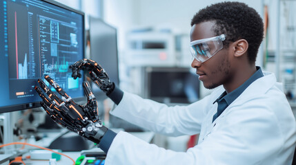 Poster - scientist in a lab uses advanced robotic hands to interact with a computer display showing data anal