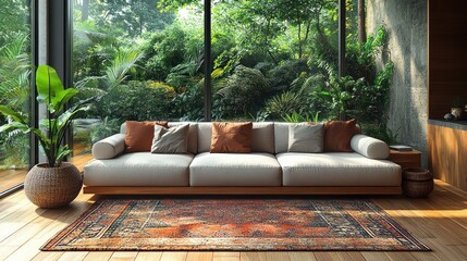 Aufkleber - A cozy living room with a sofa overlooking a lush garden through large glass windows.