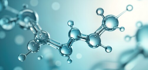 Poster - Abstract 3D model of molecule. Transparent spheres connected by clear rods. Blue background. Shows intricate molecular structure, connections. Ideal for scientific biotech publications. Modern tech