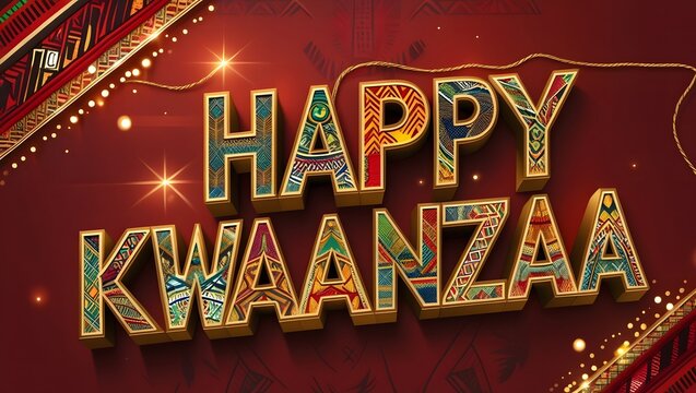 Golden Embossed 'Happy Kwanzaa' Text on Red Background with Tribal Motifs
