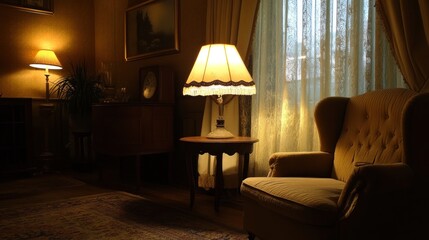 Poster - A cozy, softly lit living room with a lamp, chair, and curtains creating a warm atmosphere.