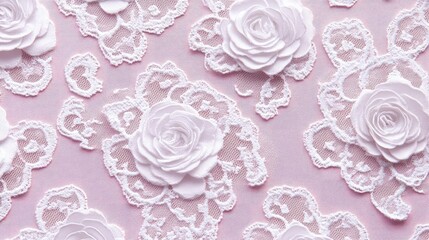 Poster - Delicate White Roses on Pink Lace Background for Elegant Design