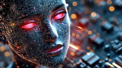 Poster - futuristic robotic face with glowing eyes and digital circuitry background