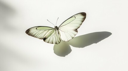 Poster - A delicate butterfly with pale green wings resting on a light surface, casting a soft shadow.