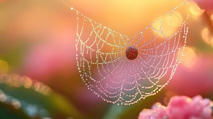 Aufkleber - A delicate spider web adorned with dew against a soft, colorful background.