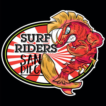 Lobster design with a high hairstyle and surfer style, with large tongs and a board to tame the big waves, design with vacation texts and beaches from different coasts.