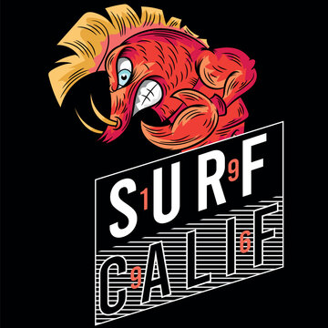Lobster design with a high hairstyle and surfer style, with large tongs and a board to tame the big waves, design with vacation texts and beaches from different coasts.