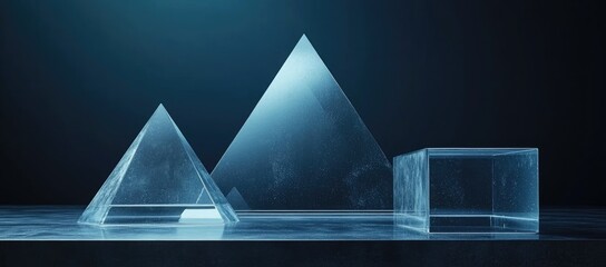 Poster - Three geometric shapes made of transparent material against a dark background.