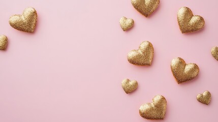 Poster - Shimmering Gold Glitter Hearts on Soft Pink Background for Design