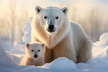 polar bear with her cub,.